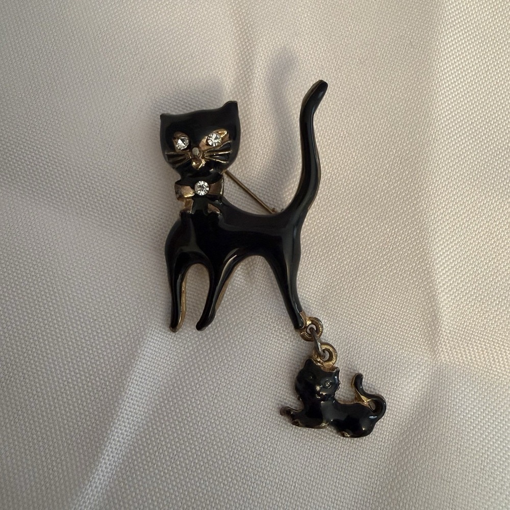 Black Cat With Kitten Brooch Rhinestone Collar Eyes Double Cat Pin Unbranded